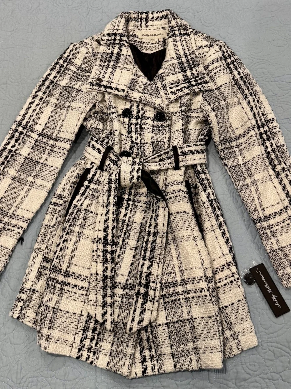 NWT SEBBY COLLECTION SOFT SHELL DOUBLE BREASTED PEA COAT BLACK/WHITE SIZE LARGE